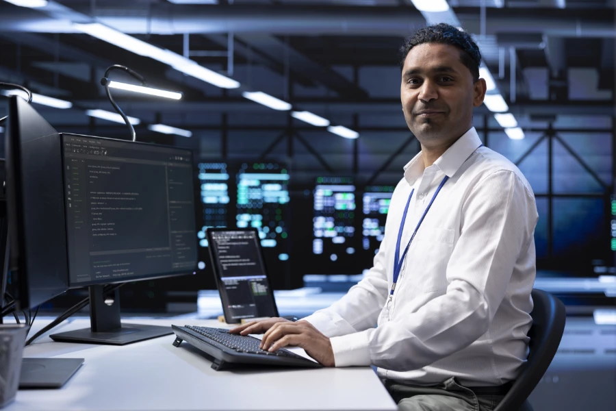 portrait of smiling engineer checking event logs o 2024 09 18 18 45 52 utc